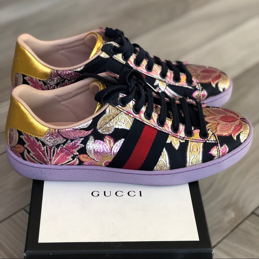 Rare GUCCI Brocade Floral Purple Sneakers Aces 6.5